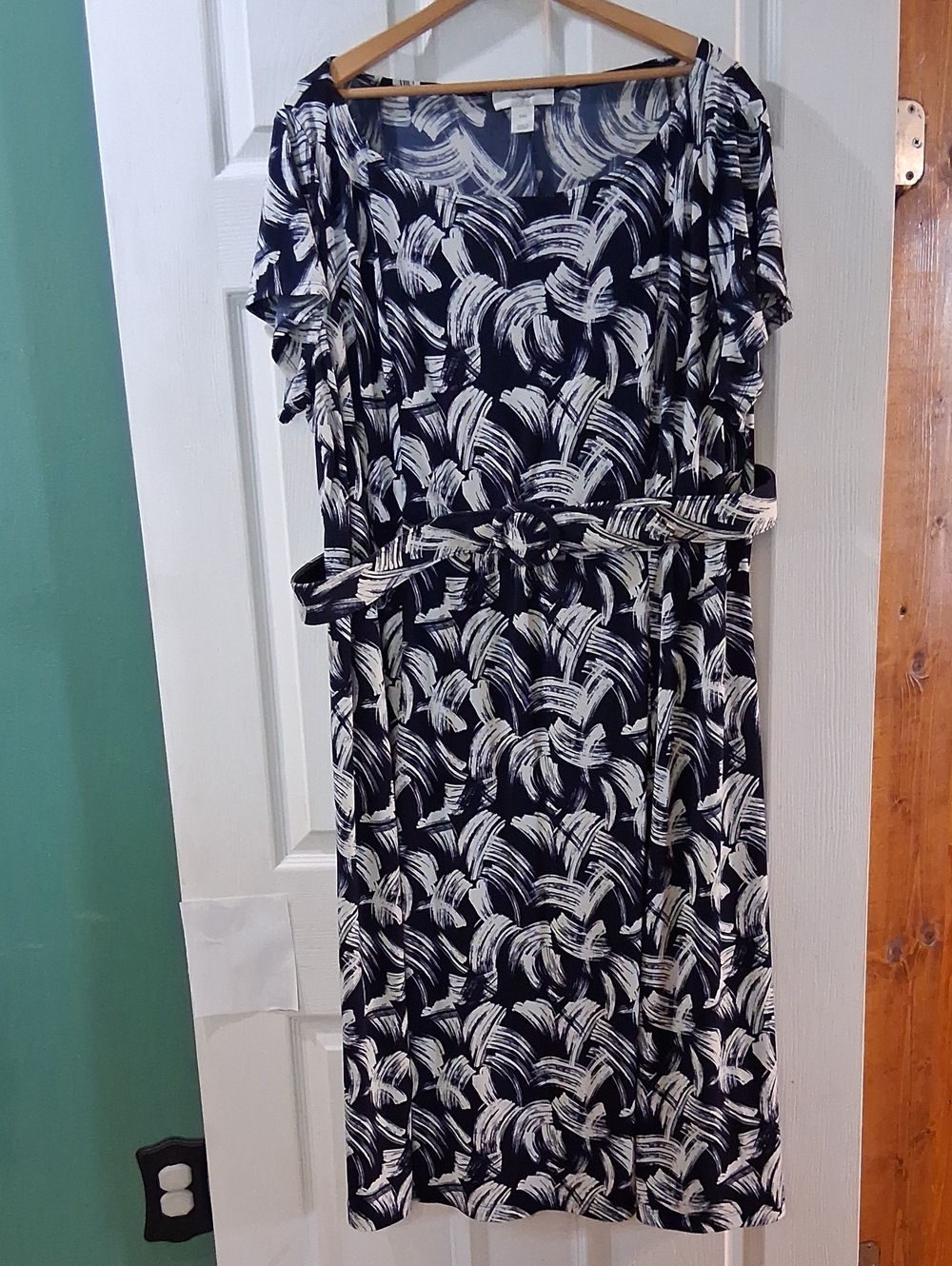CJ Banks Navy and White Printed Belted Midi Dress-Stretchy